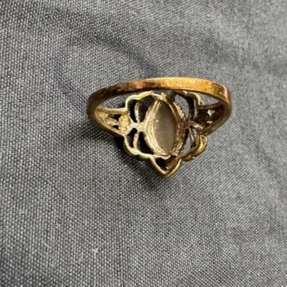Vintage Sterling Silver 925 Marquise Cut Yellow Cat Eye Opal Gold Toned Sz 5 1/2
